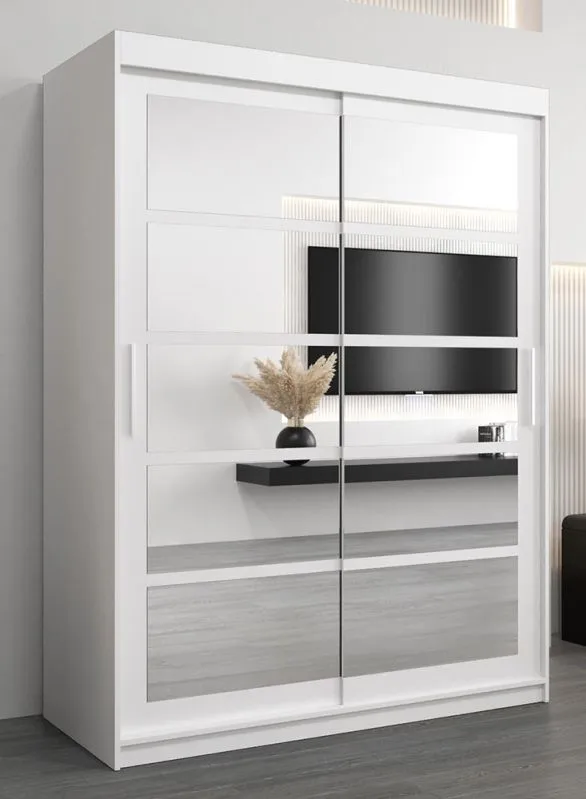 150 cm breiter Schiebetürenschrank mit 2 Türen | 5 Fächer | 2 Kleiderstangen | Farbe: Weiß Abbildung