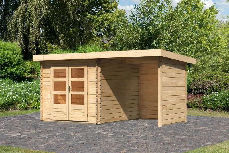 Gartenhaus SET mit Pultdach inkl. Anbaudach, Seitenwand & Rückwand, Farbe: Naturbelassen, Grundfläche: 6,16 m²