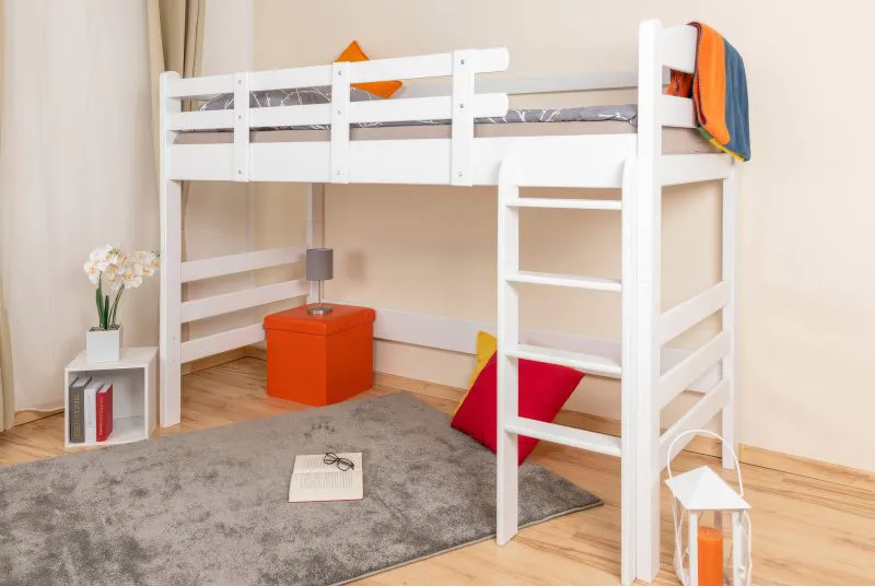 Hochbett für Erwachsene "Easy Premium Line" K22/n, Buche Vollholz massiv Weiß - Liegefläche: 90 x 200 cm