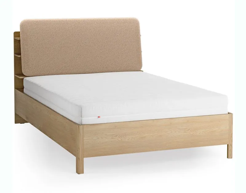 Doppelbett | Farbe: Eiche / Taupe | 140 x 200 cm | gepolsterte Kopfstütze | inkl. Lift up Lattenrost | vier offene Regale | Behälter hinter Rückenlehne