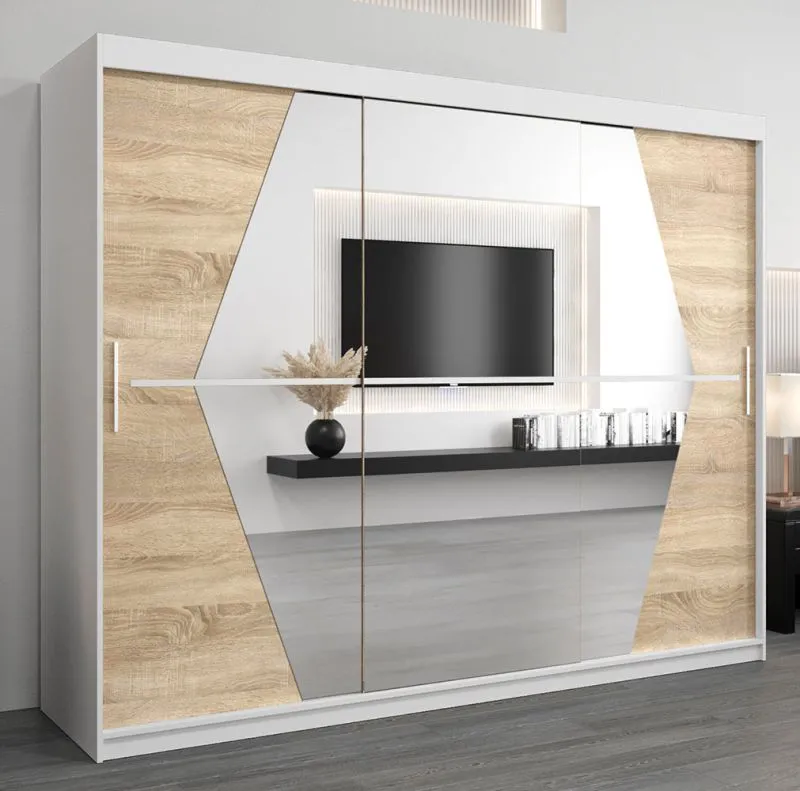 Großer 250 cm breiter Kleiderschrank mit 3 Türen | 10 Fächer | Farbe: Sonoma Eiche / Weiß Abbildung