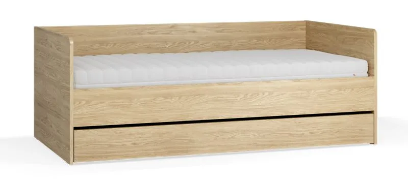 Tagesbett mit Schublade | Farbe: Eiche | inkl. Hublift Lattenrost | Liegefläche: 90 x 200 cm | Bettkasten für Bettwäsche | Gästebett