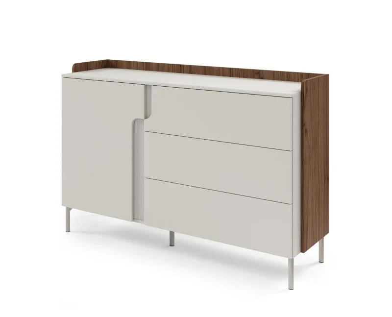 Kommode | Farbe: Kaschmir / Alba-Walnuss | 1 Drehtür | 3 Schubladen | 143 x 42 x 95 cm | Push-to-open Funktion | Metallfüße | für Wohnzimmer