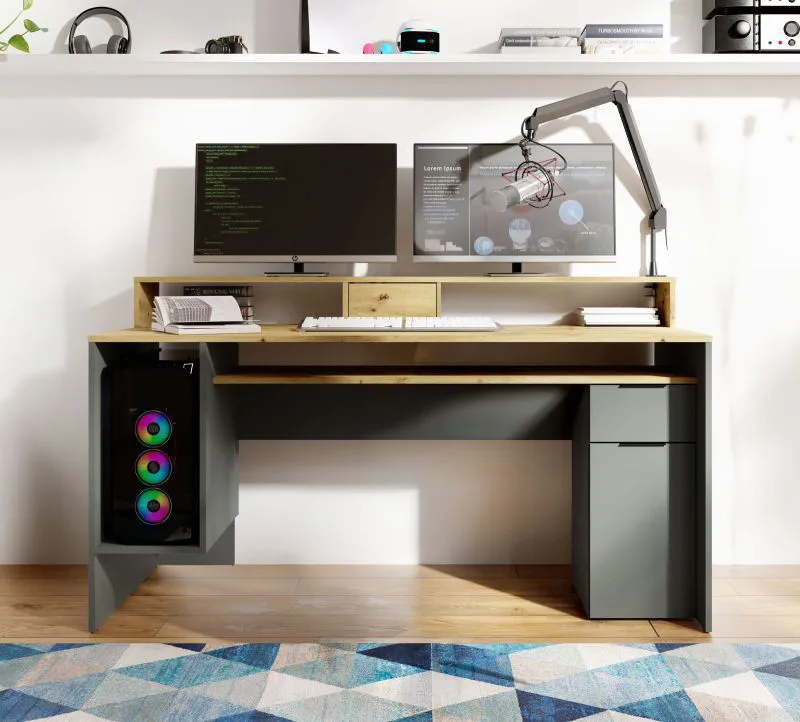 Schreibtisch mit viel Stauraum | 160 x 70 x 91,5 cm | Ergonomisch | Aritsan - Eiche / Graphitgrau | 6 Fächer | Kissamos 02 | mit Bildschirmerhöhung