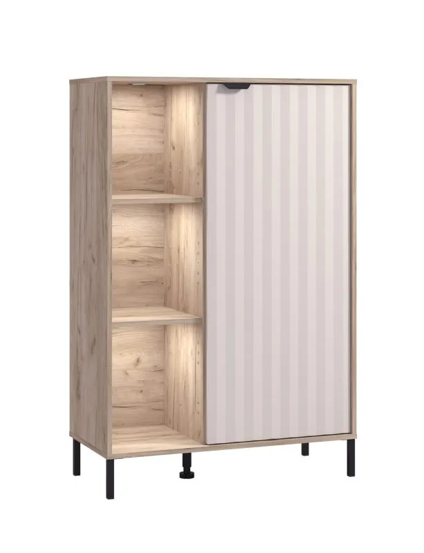 Kommode / Highboard mit einer Tür Zitiste 06, Farbe: Eiche Grau / Kaschmir, sechs Fächer, ABS-Kanten, Maße: 131 x 86,5 x 40 cm, Beine & Griffe: Metall