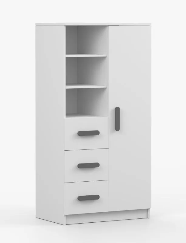 Bücherregal mit Drehtür | Smolikas 48 | Weiß | 3 Schubladen | 159 x 80 x 40 cm | 7 Fächer | graue Holzgriffe | Kinder | Jugend