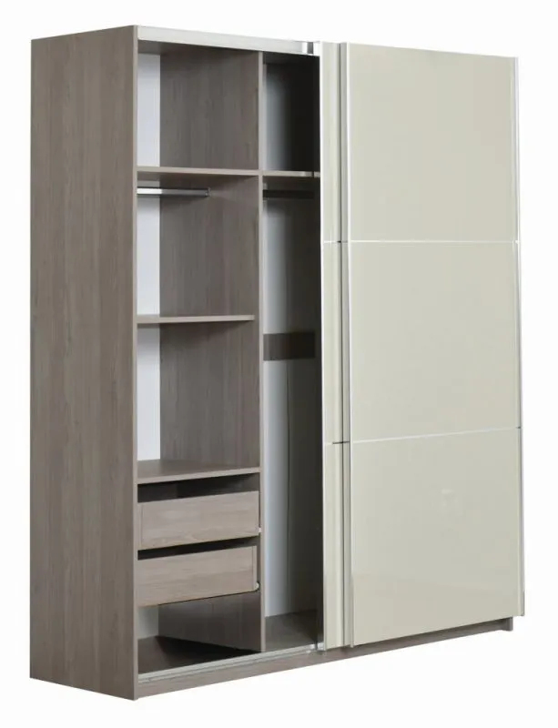 Kleiderschrank | 2 Schiebetüren | 2 Schubladen | 6 Fächer | mit 2 Kleiderstangen | 179 cm breit | Farbe: Eiche Abbildung