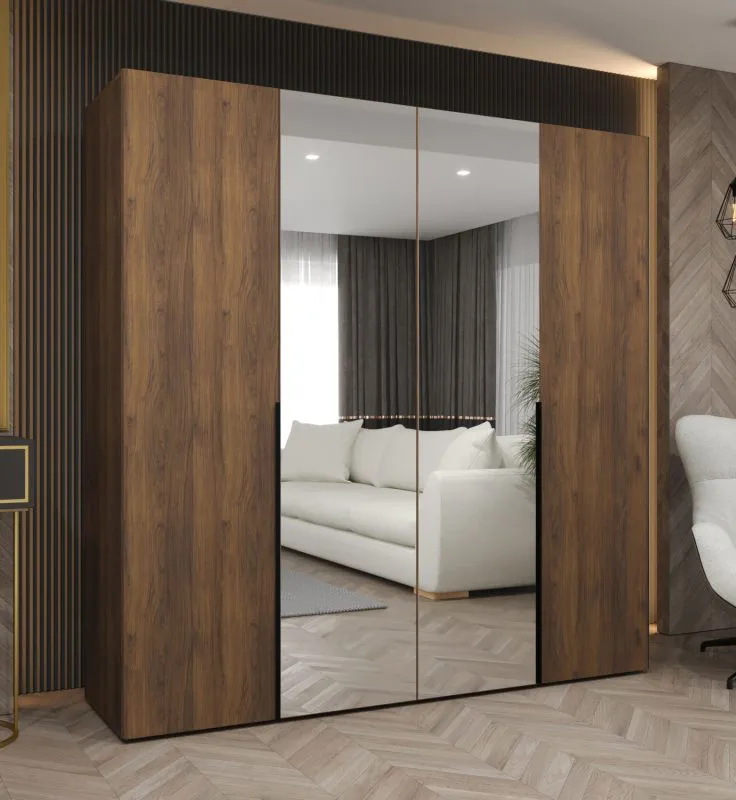Kleiderschrank mit drei Türen | Farbe: Walnuss | zwei Spiegeltüren | Soft-Close-Funktion | 2 Meter breit | Griffe: Schwarz | zwei Kleiderstangen | zwei Fächer