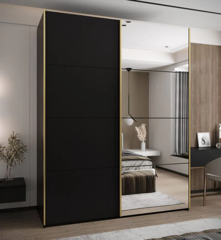 Kleiderschrank / Schiebetürenschrank | 11 Fächer | 2 Kleiderstangen | Farbe: Schwarz | Spiegel | Soft-Close | 245,5 x 190 x 64 cm | 2 Schiebetüren