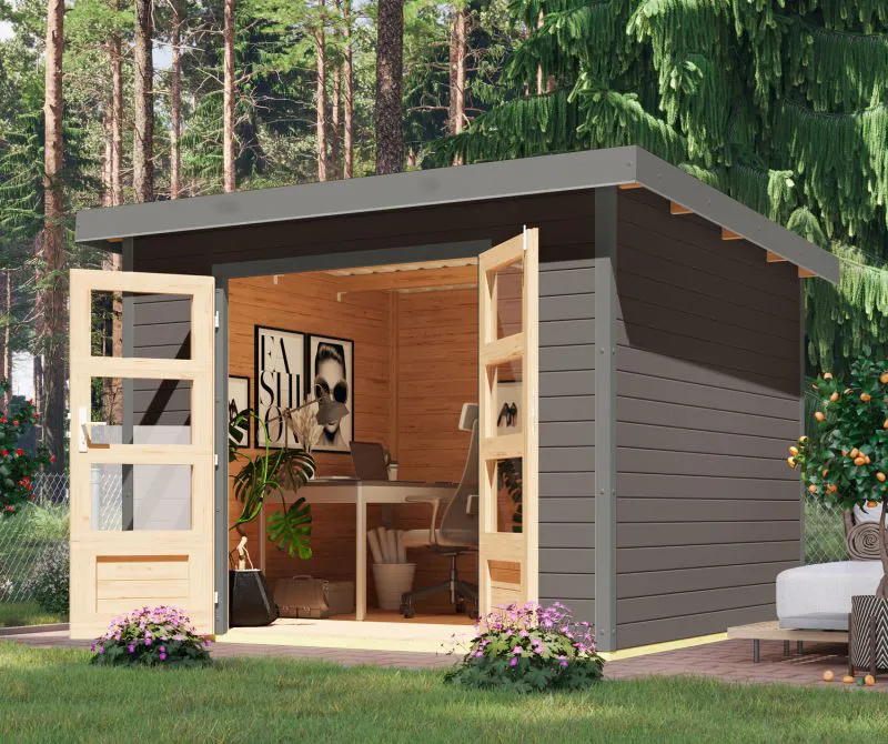 Holz Gartenhaus, nordische Fichte terragrau/graualuminium, wetterfestes Trapezblech-Pultdach, robuste Stahlecken, Zylinderschloss, 2,70 × 2,70 m