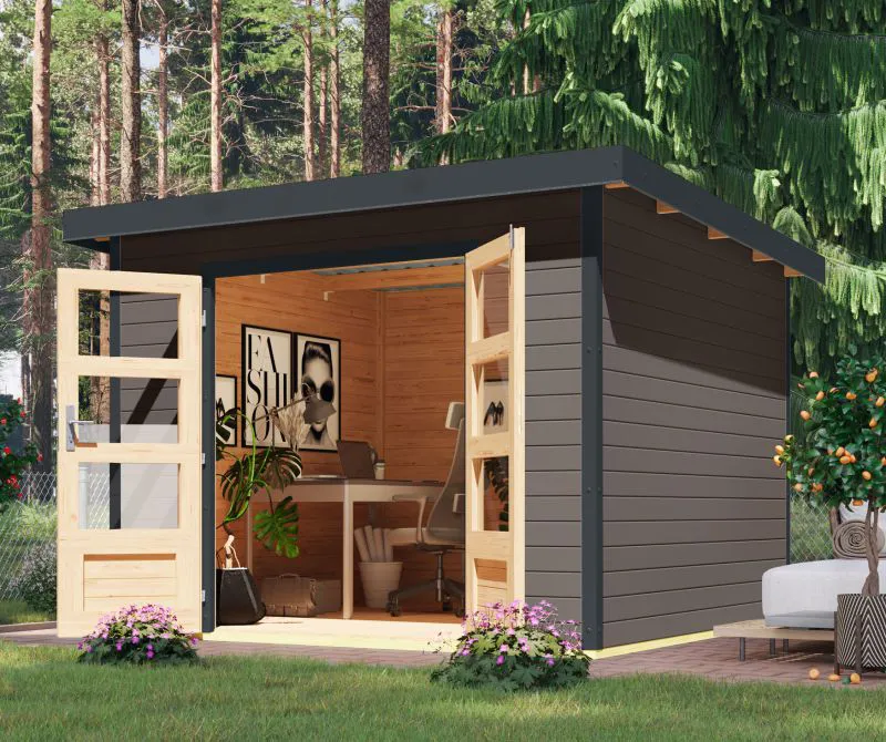 Holz Gartenhaus, nordische Fichte terragrau/anthrazit, Trapezblech-Pultdach, Doppelflügeltür großen Lichtausschnitte, Zylinderschloss, 2,70 × 2,70 m