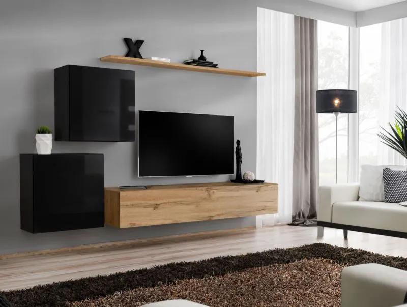 Wohnwand im stylischen Design Balestrand 78, Farbe: Schwarz / Eiche Wotan - Abmessungen: 150 x 250 x 40 cm (H x B x T), mit Push-to-open Funktion