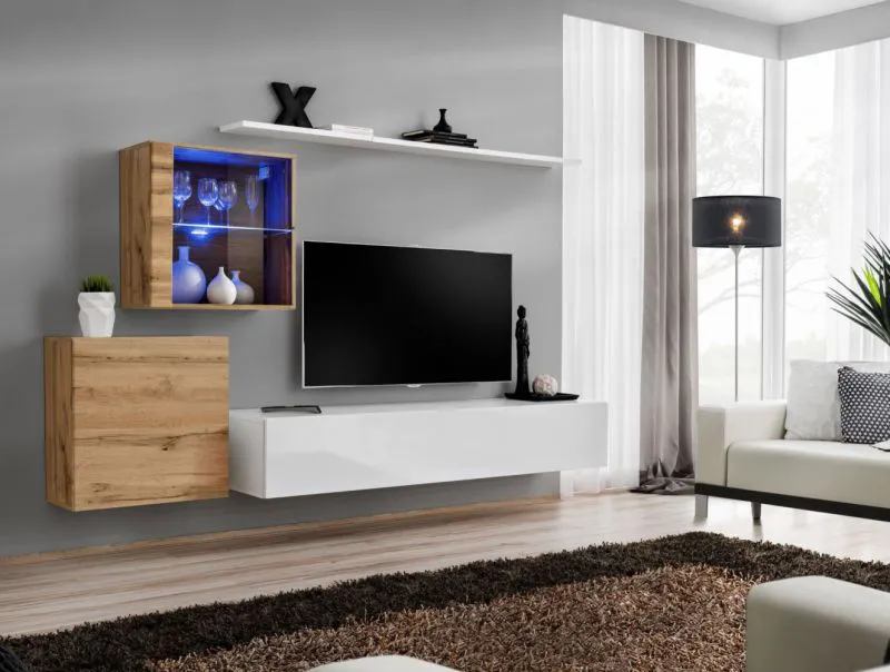 Wohnwand im edlen Design Balestrand 235, Farbe: Eiche Wotan / Weiß - Abmessungen: 150 x 250 x 40 cm (H x B x T), mit Push-to-open Funktion
