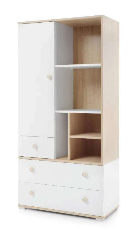 Moderner Schrank Asbeek 03, Eiche / Weiß, 165 x 80 x 40 cm, mit 1 Tür, 3 Schubladen und 8 Fächern, Kinderzimmerschrank, ABS-Kanten