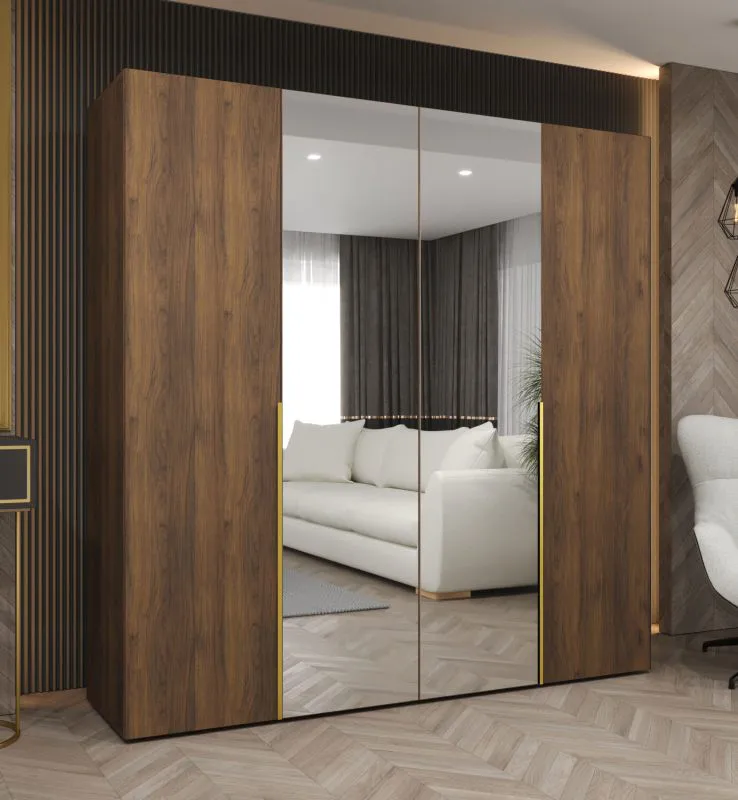 Drehtürenschrank mit zwei Spiegeltüren | Farbe: Walnuss | 2 Meter breit | zwei Kleiderstangen | Griffe: Gold | zwei Fächer | Soft-Close-Funktion