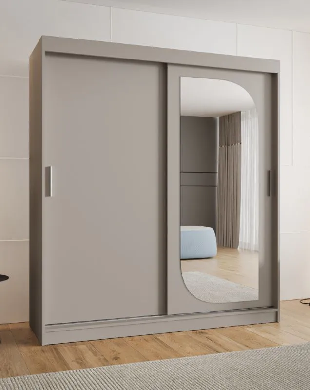 Kleiderschrank / Schiebetürenschrank Signalkuppe 16, Farbe: Kaschmir, eine Spiegeltür, 1,8 Meter breit, 10 Fächer, zwei Kleiderstangen