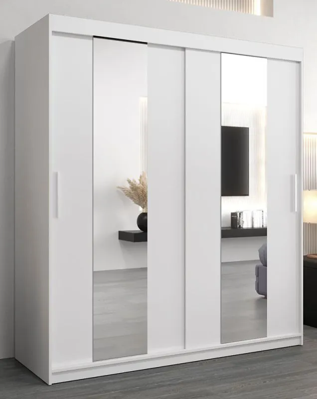 Schiebetürenschrank / Kleiderschrank Polos 04 mit Spiegel, Farbe: Weiß matt - Abmessungen: 200 x 180 x 62 cm (H x B x T)