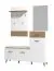 Garderobe Komplett - Set A Bineva, 2-teilig, Farbe: Eiche Artisan / Weiß / Weiß Hochglanz, ein Garderobenschrank und eine Kommode, Schuhschrank mit Sitzkissen, Spiegel und Garderobe mit 6 Haken