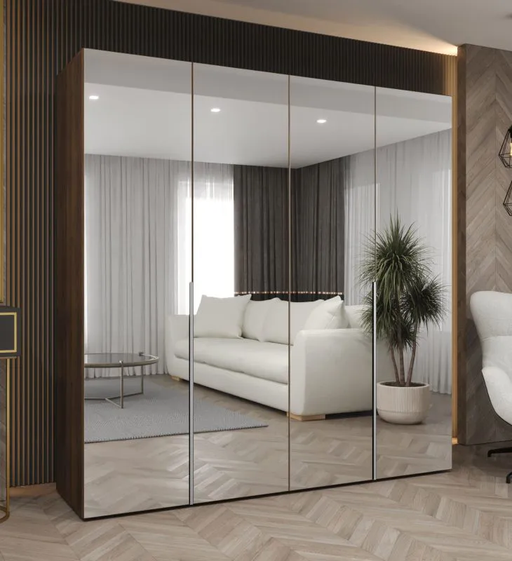 Drehtürenschrank mit 2 Meter breite | Farbe: Walnuss | vier Spiegeltüren | Griffe: Silber | Soft-Close-Funktion | zwei Fächer | zwei Kleiderstangen