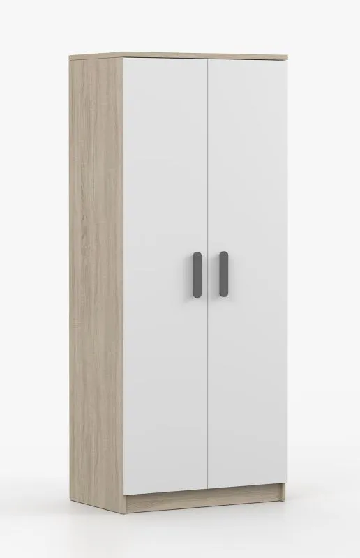 Kleiderschrank  / Drehtürenschrank | Weiß / Sonoma Eiche | Smolikas 56 | 2 Türen | 192 x 80 x 50 cm | graue Holzgriffe | 5 Fächer | Kleiderstange