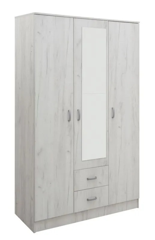 Kleiderschrank | 3 Drehtüren | 2 Schublade | 6 Fächer | mit Kleiderstange | 123 cm breit | Farbe: Weiß Abbildung